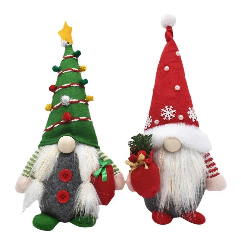 Two Christmas gnome decorations standing side by side on a plain white background. One gnome is shaped like a green Christmas tree with a yellow star, red and green candy canes, a gray body with red buttons, and a white beard.
