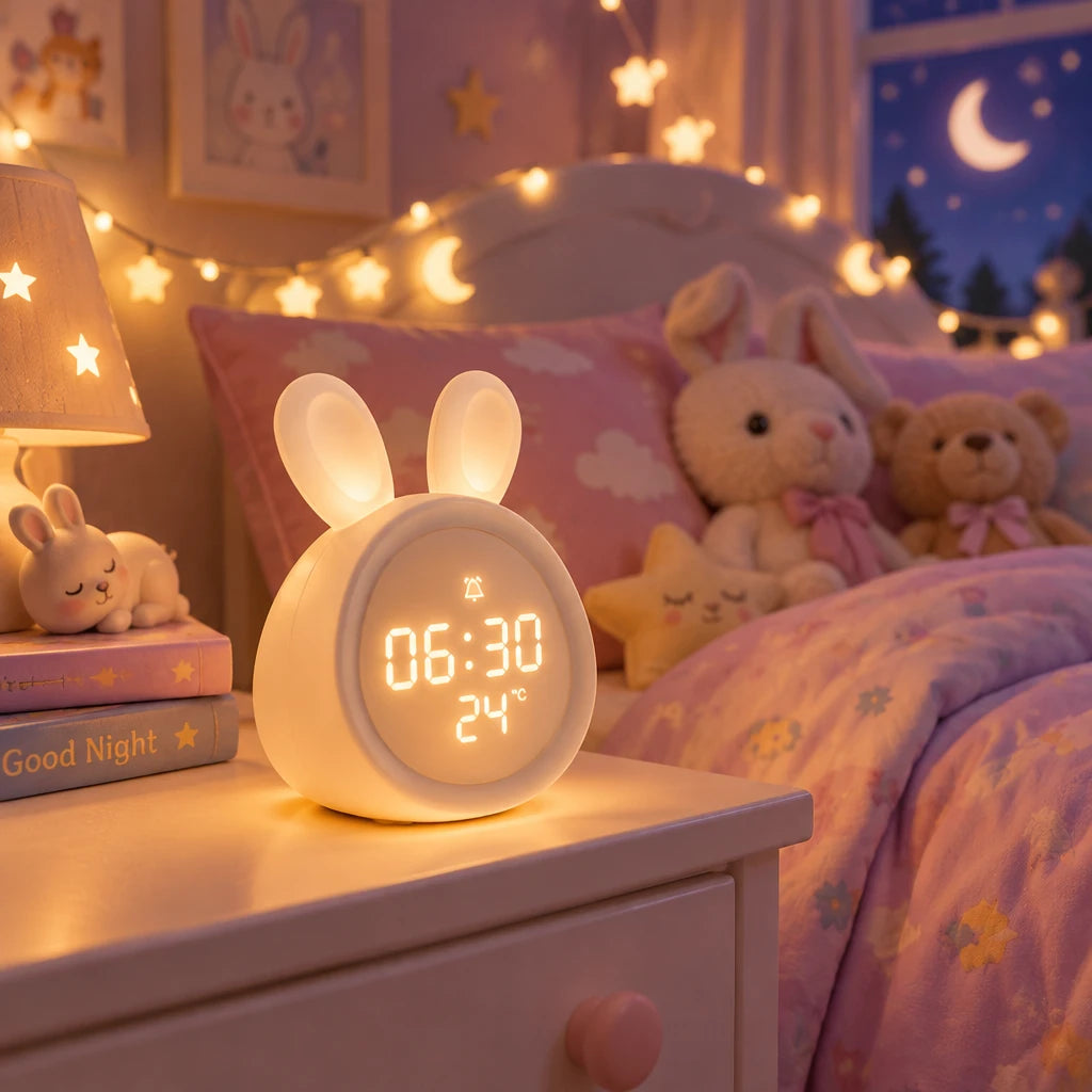 A white bunny-shaped digital alarm clock with upright ears and a glowing LED display showing 06:30 and 24 degrees.