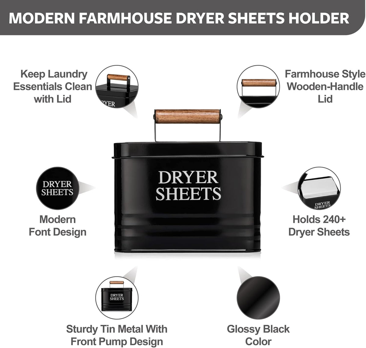Black Metal Dryer Sheet Holder with Wood Handle