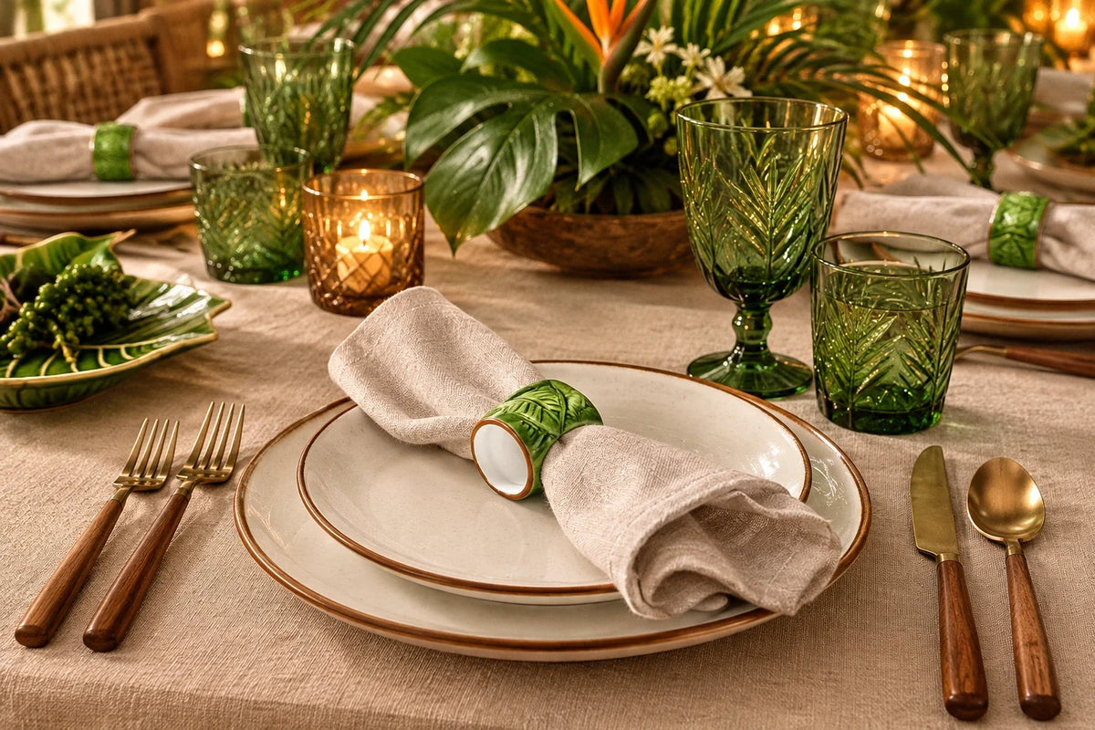Six small green ceramic cups with a leaf pattern and white interiors, arranged in two rows of three on a white background.