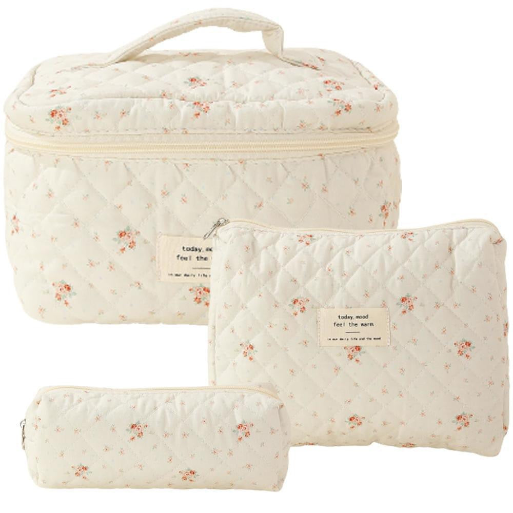 Floral Quilted Travel Cosmetic Bag – Dark blue flowers