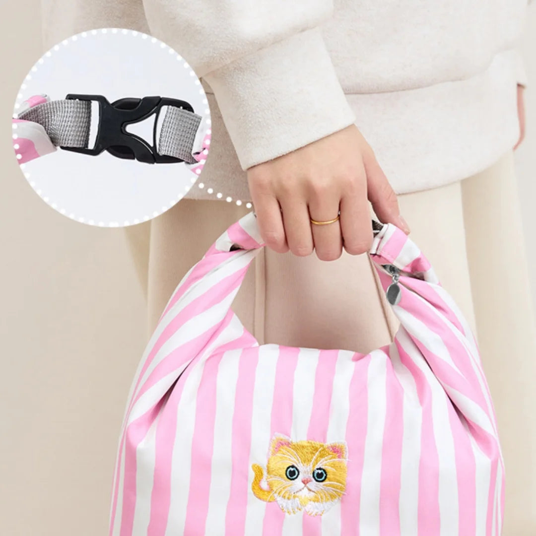 New Pink Striped Strawberry Cat Insulated Cute Lunch Handbag Large – alternate view