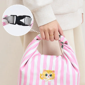 New Pink Striped Strawberry Cat Insulated Cute Lunch Handbag Large – alternate view
