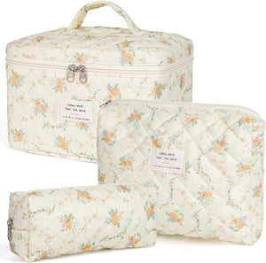 Floral Quilted Travel Cosmetic Bag – Small flowers on white background