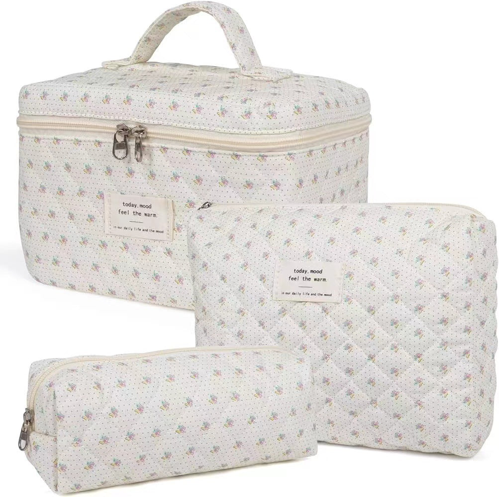 Floral Quilted Travel Cosmetic Bag – Light blue flowers
