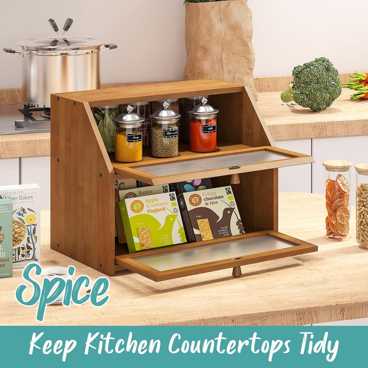 Large Bamboo Bread Box – Two-Tier Countertop Storage