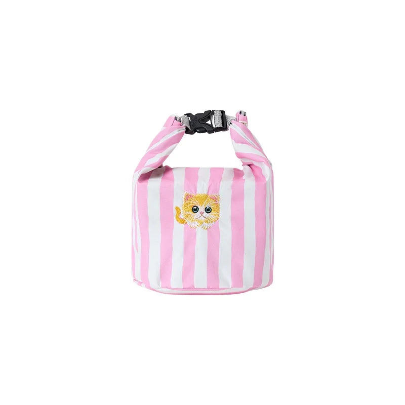 New Pink Striped Strawberry Cat Insulated Cute Lunch Handbag Large – alternate view