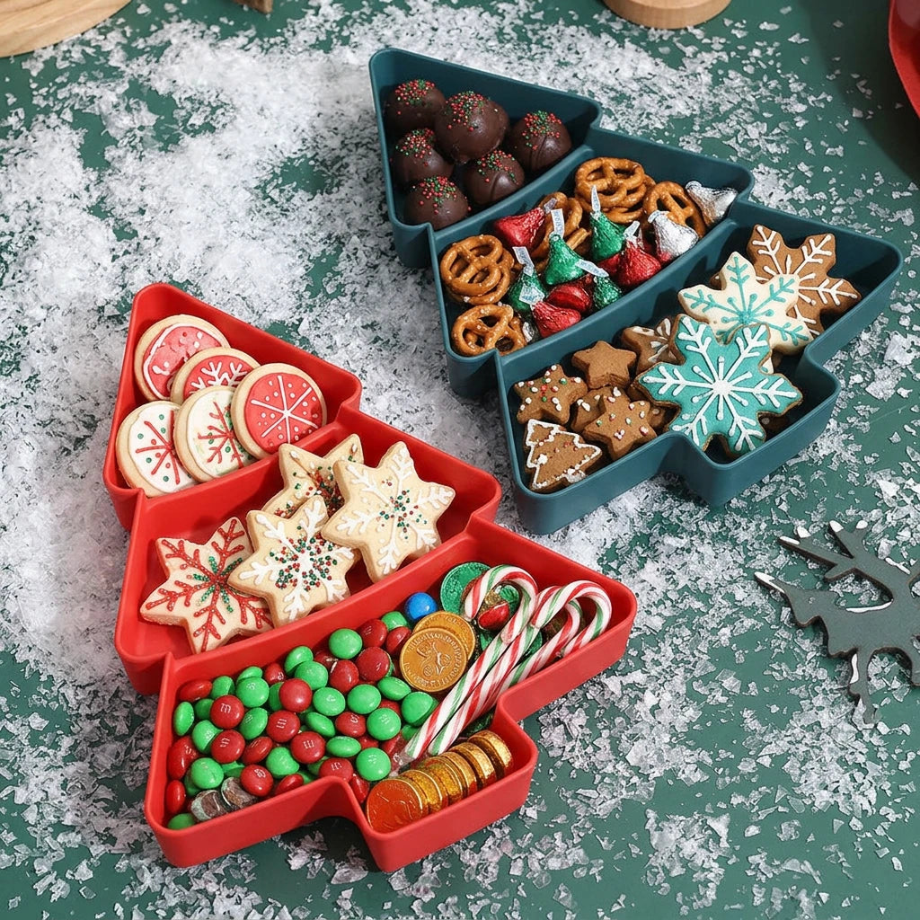 Two Christmas tree-shaped tray organizers, one in red and one in teal, arranged on a green surface with white faux snow.