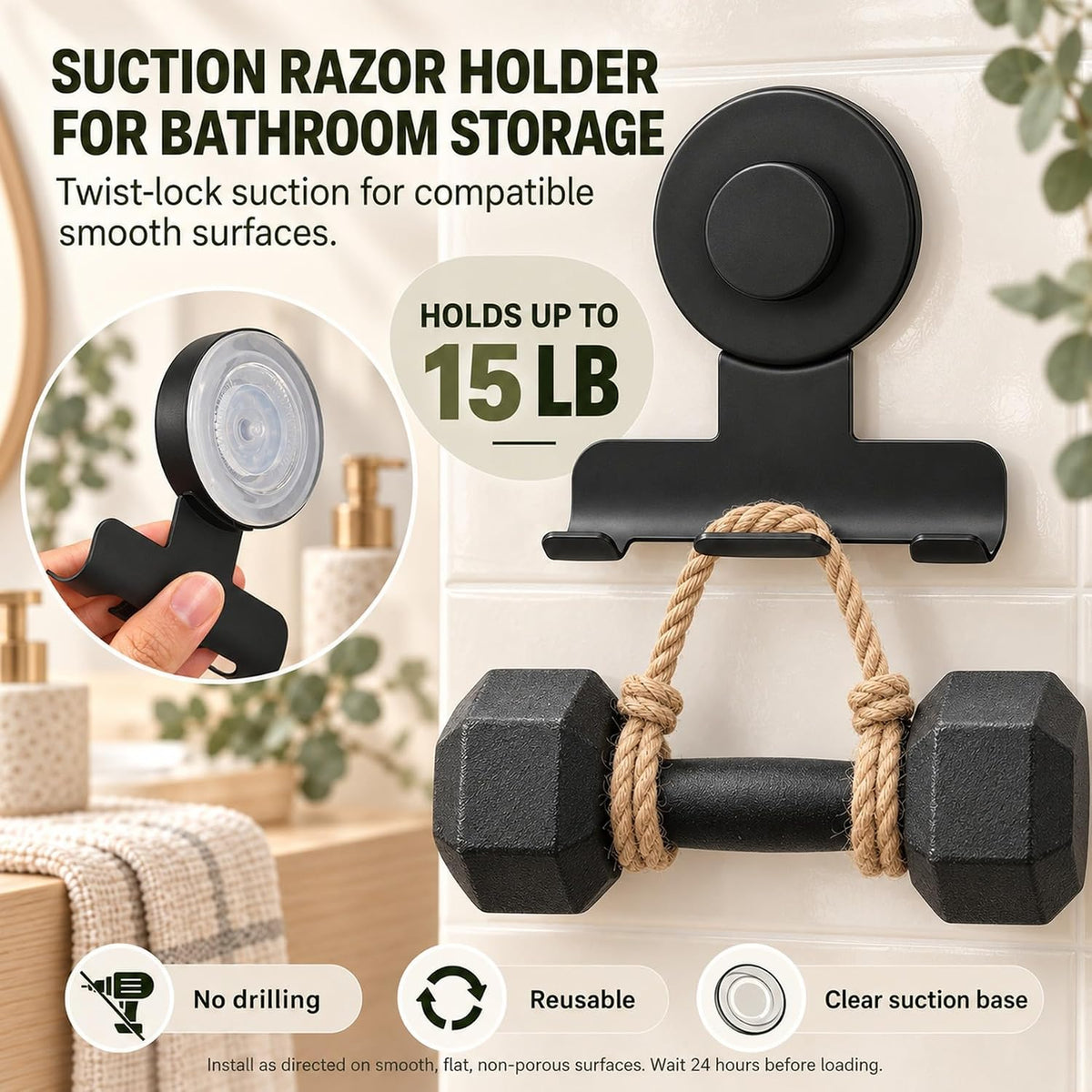 Matte Black Suction Razor Holder – No-Drill Shower Hook