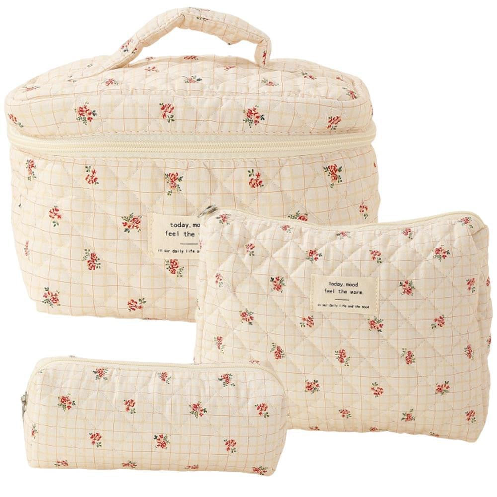 Floral Quilted Travel Cosmetic Bag – Dark blue flowers