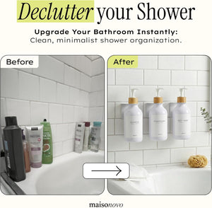 White & Bamboo Shower Dispenser Set – 3 Refillable Bottles