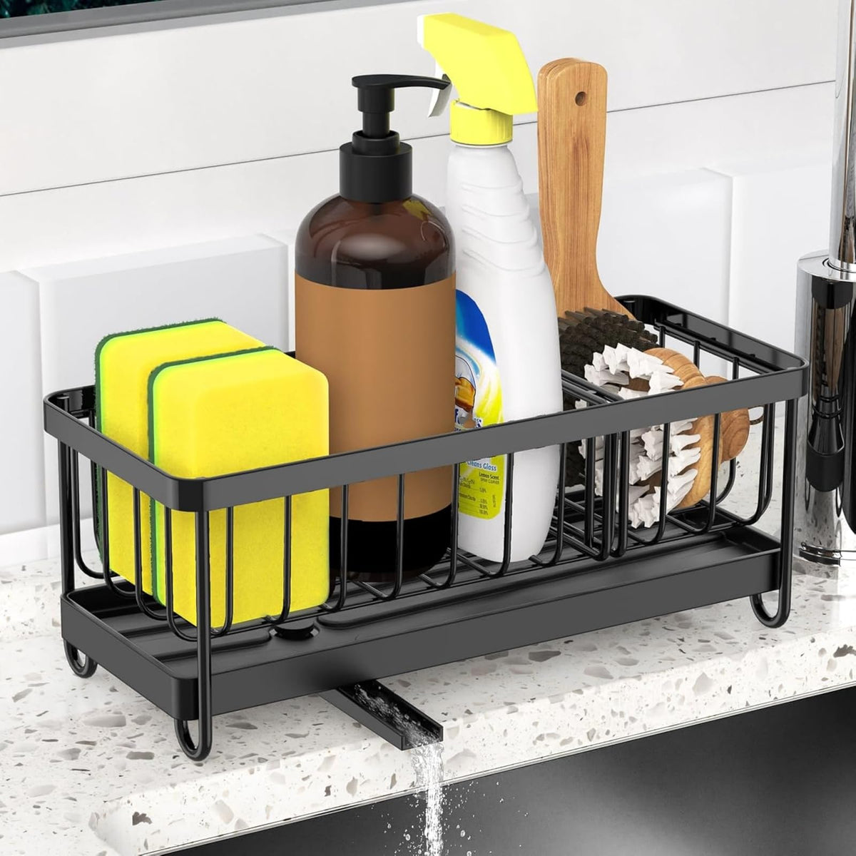 Stainless Steel Sink Caddy with Soap Dispenser – Black
