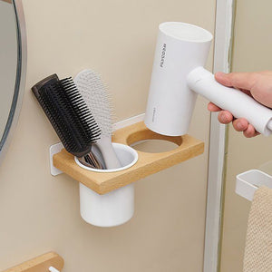 No-Drill Solid Wood Hair Tool Rack – Double Cup