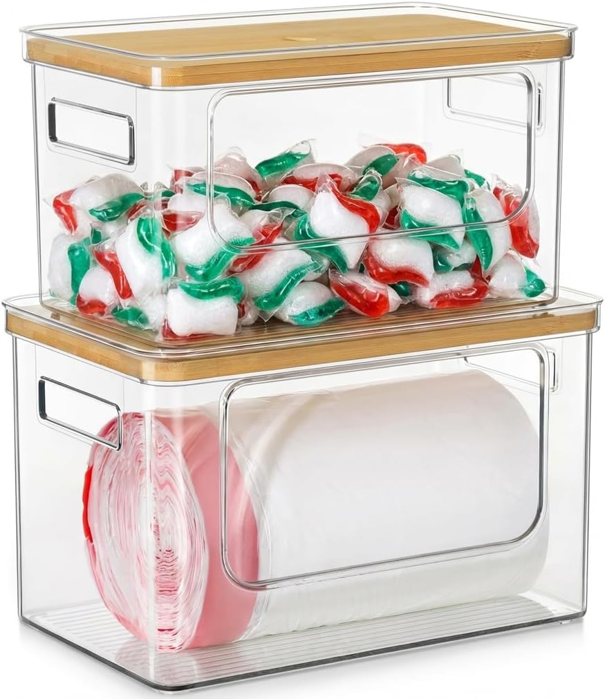 Stackable Trash Bag Dispenser & Storage Organizer with Bamboo Lid