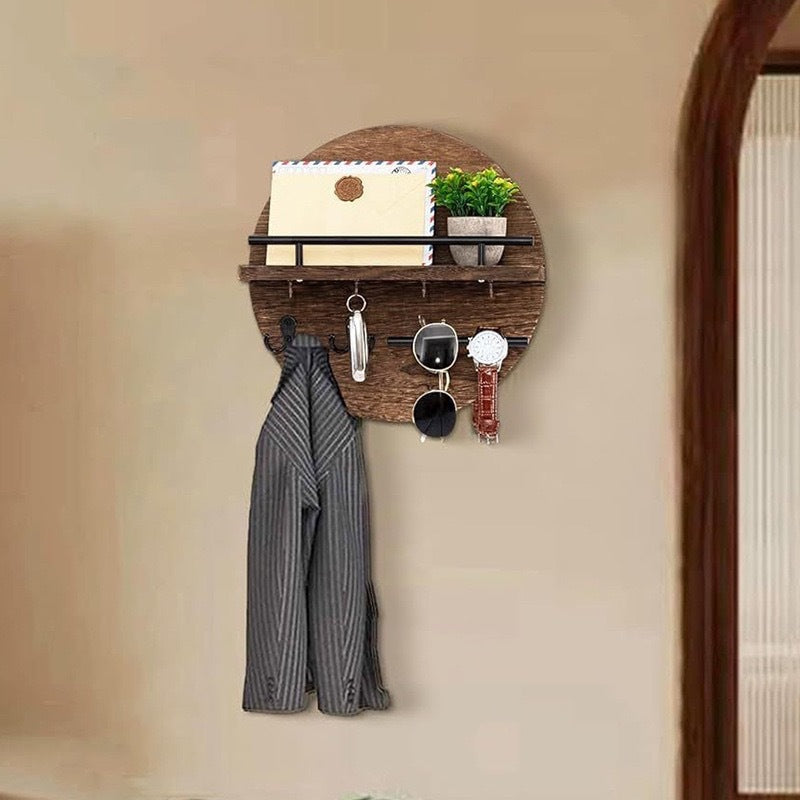 Round Wood Entryway Shelf with Key Hooks – alternate view