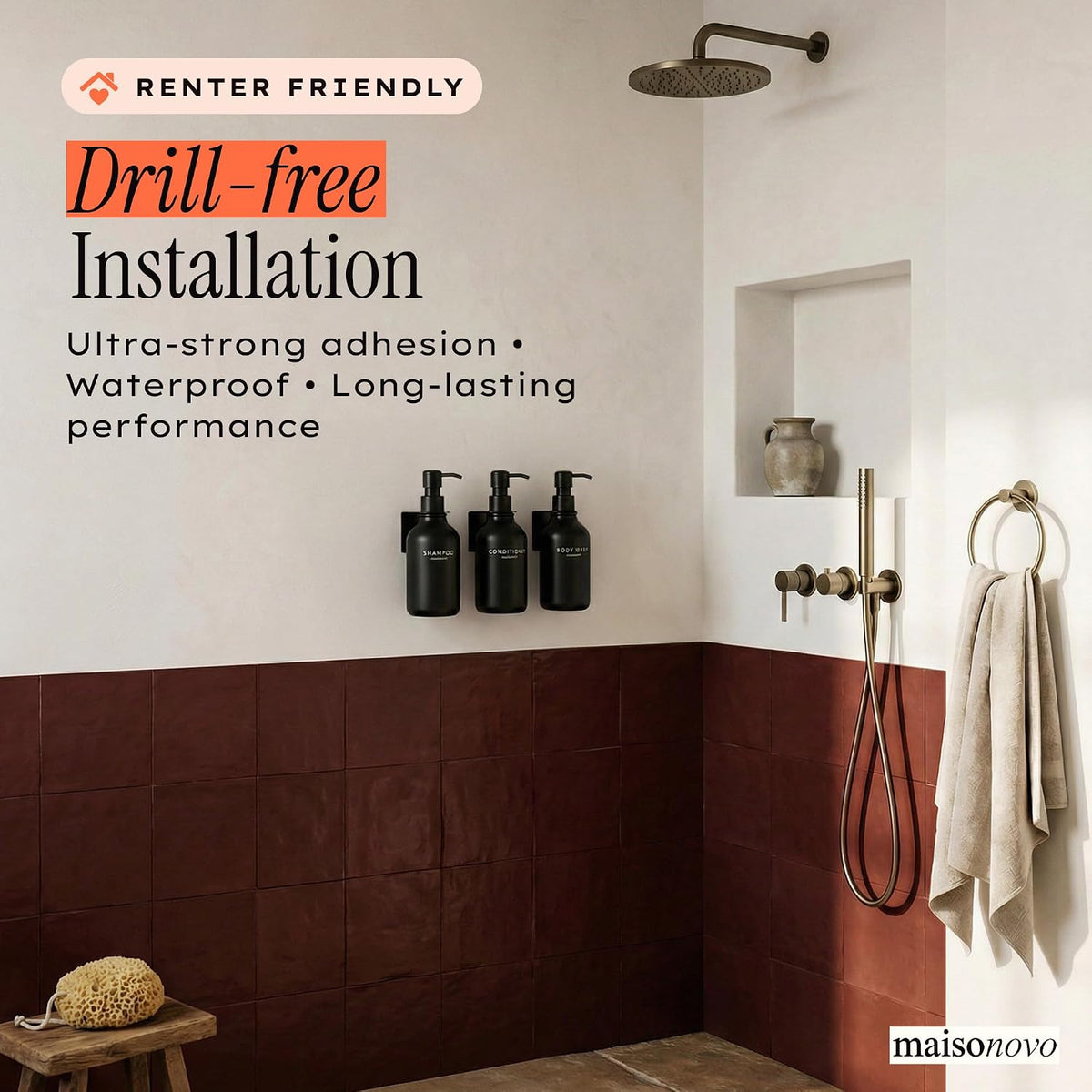 Black Wall-Mounted Shower Dispenser Set – 3 Refillable Bottles
