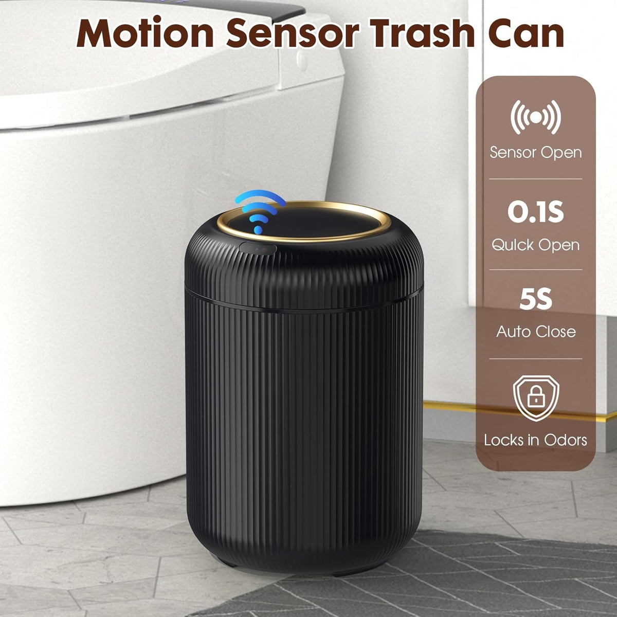 3-Gallon Touchless Motion Sensor Trash Can – Black & Gold