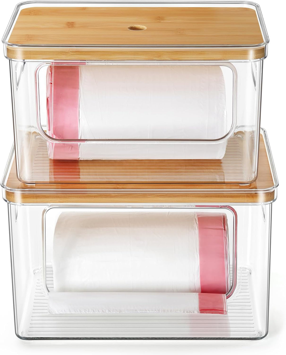 Stackable Trash Bag Dispenser & Storage Organizer with Bamboo Lid
