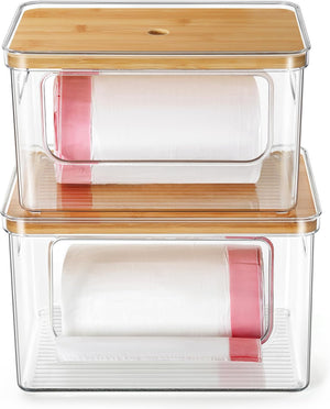 Stackable Trash Bag Dispenser & Storage Organizer with Bamboo Lid