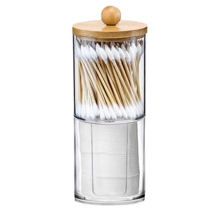 Bamboo cover cotton swab box portable round container cosmetic – 3 pcs with tray