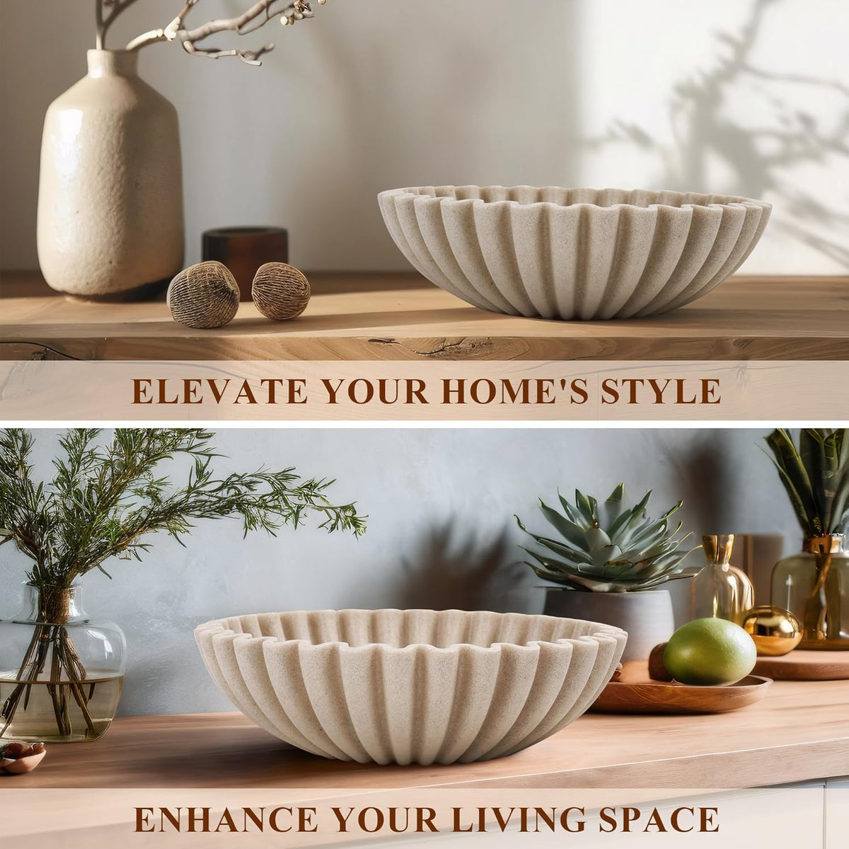 Beige Ruffle Decorative Bowl – 10″ Artificial Stone