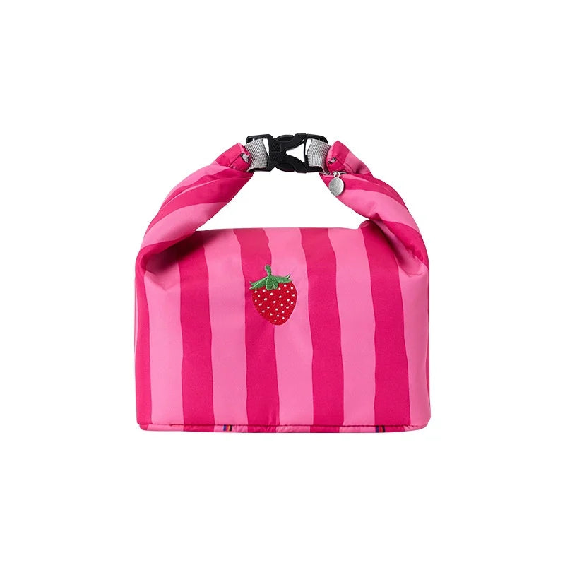 New Pink Striped Strawberry Cat Insulated Cute Lunch Handbag Large – alternate view