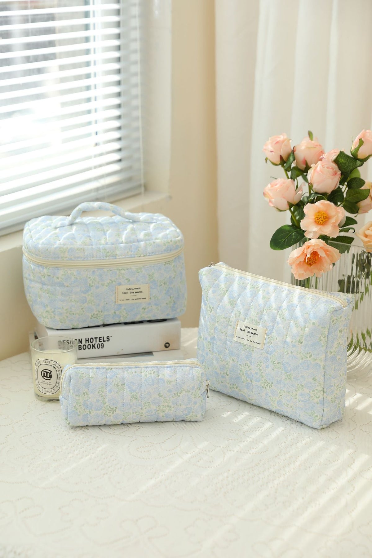 Floral Quilted Travel Cosmetic Bag – cherry