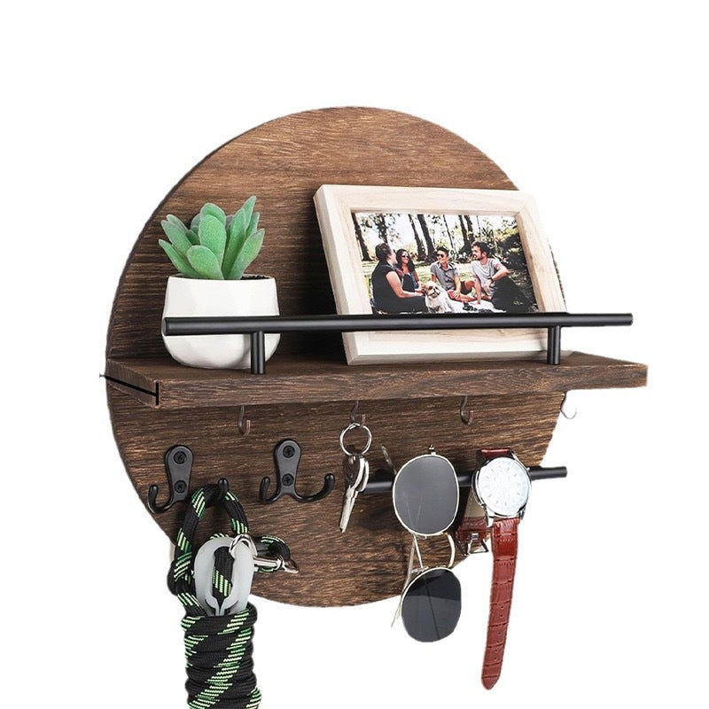 Round Wood Entryway Shelf with Key Hooks – alternate view