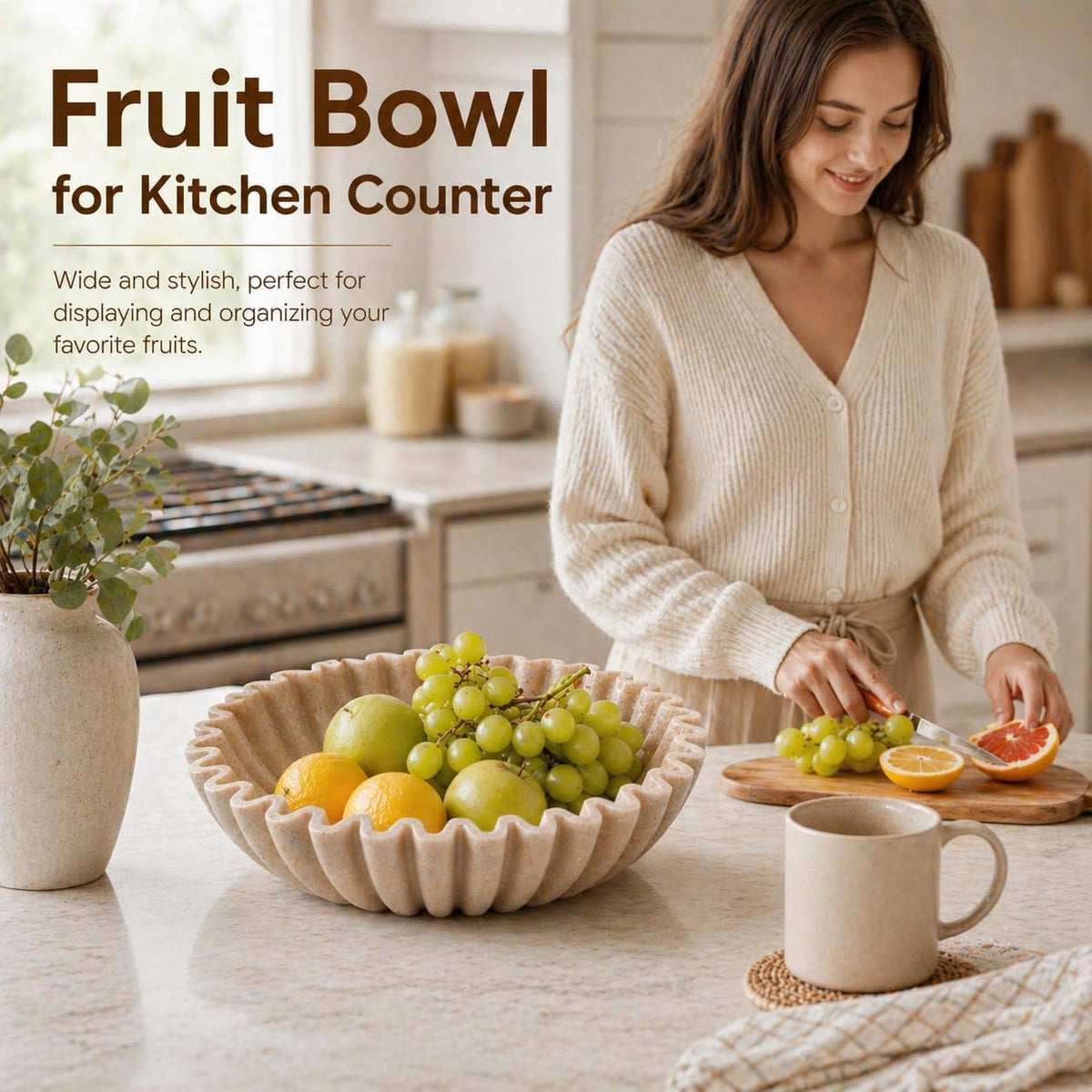Beige Ruffle Decorative Bowl – 10″ Artificial Stone