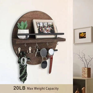 Round Wood Entryway Shelf with Key Hooks – Carbon Black