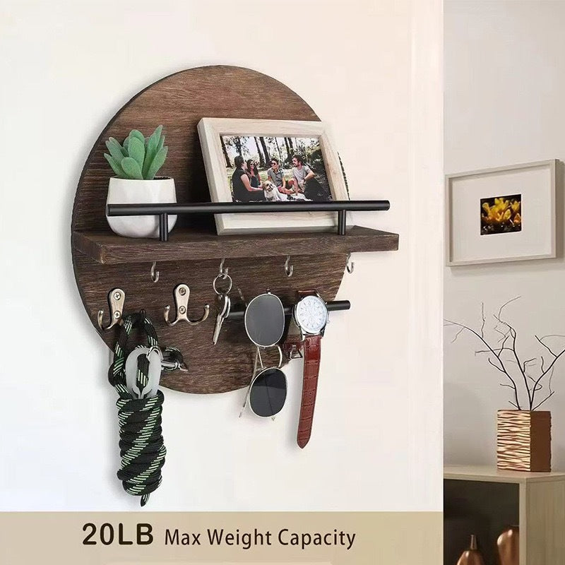 Round Wood Entryway Shelf with Key Hooks – Carbon Black