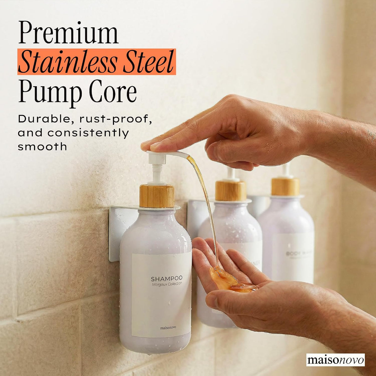 White & Bamboo Shower Dispenser Set – 3 Refillable Bottles