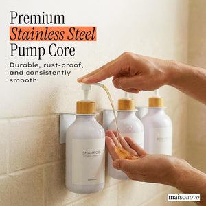 White & Bamboo Shower Dispenser Set – 3 Refillable Bottles