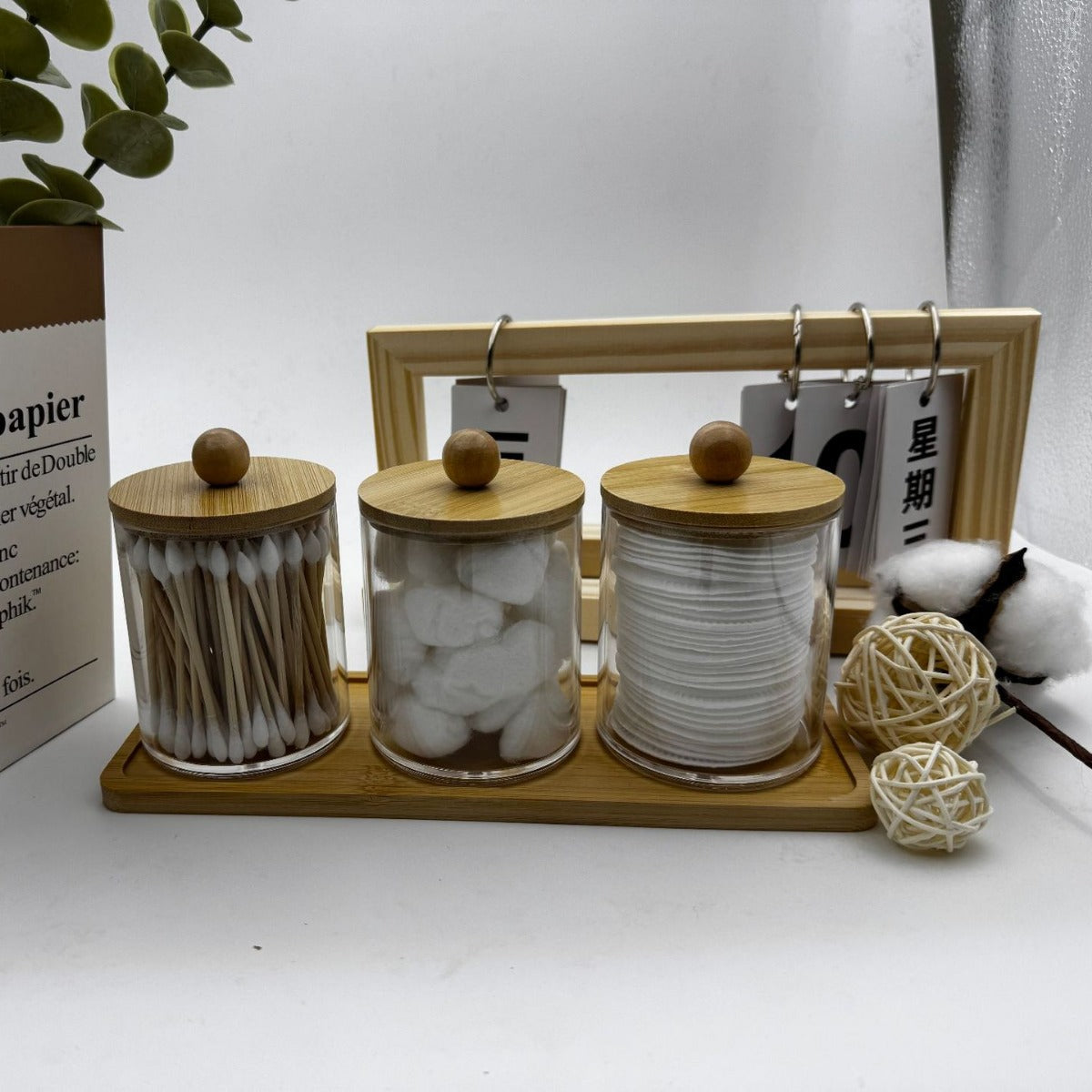 Bamboo cover cotton swab box portable round container cosmetic – Upper and lower combination (b