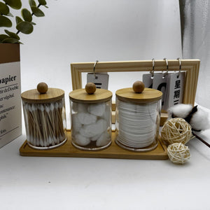 Bamboo cover cotton swab box portable round container cosmetic – Upper and lower combination (b