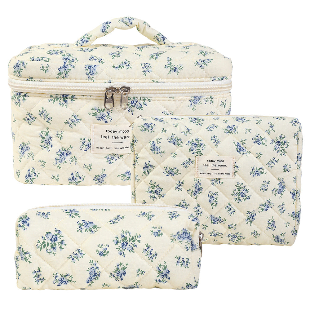 Floral Quilted Travel Cosmetic Bag – Dark blue flowers
