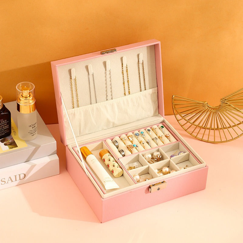 Jewelry Box with Lock Double Layer High Capacity Leather Jewelry – alternate view