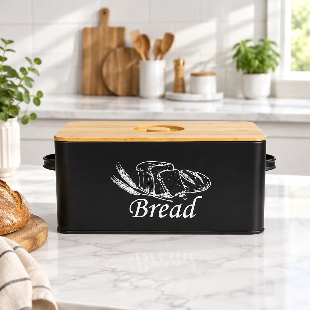 A black metal bread box with a light natural wood lid and white printed bread illustration and the word 'Bread' on the front. The Cookmate brand logo is visible in the top left corner.