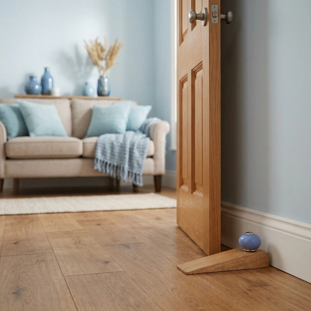 A wooden drawer pull block with a smooth, rounded light blue knob featuring a silver metal cap, set against a plain white background.