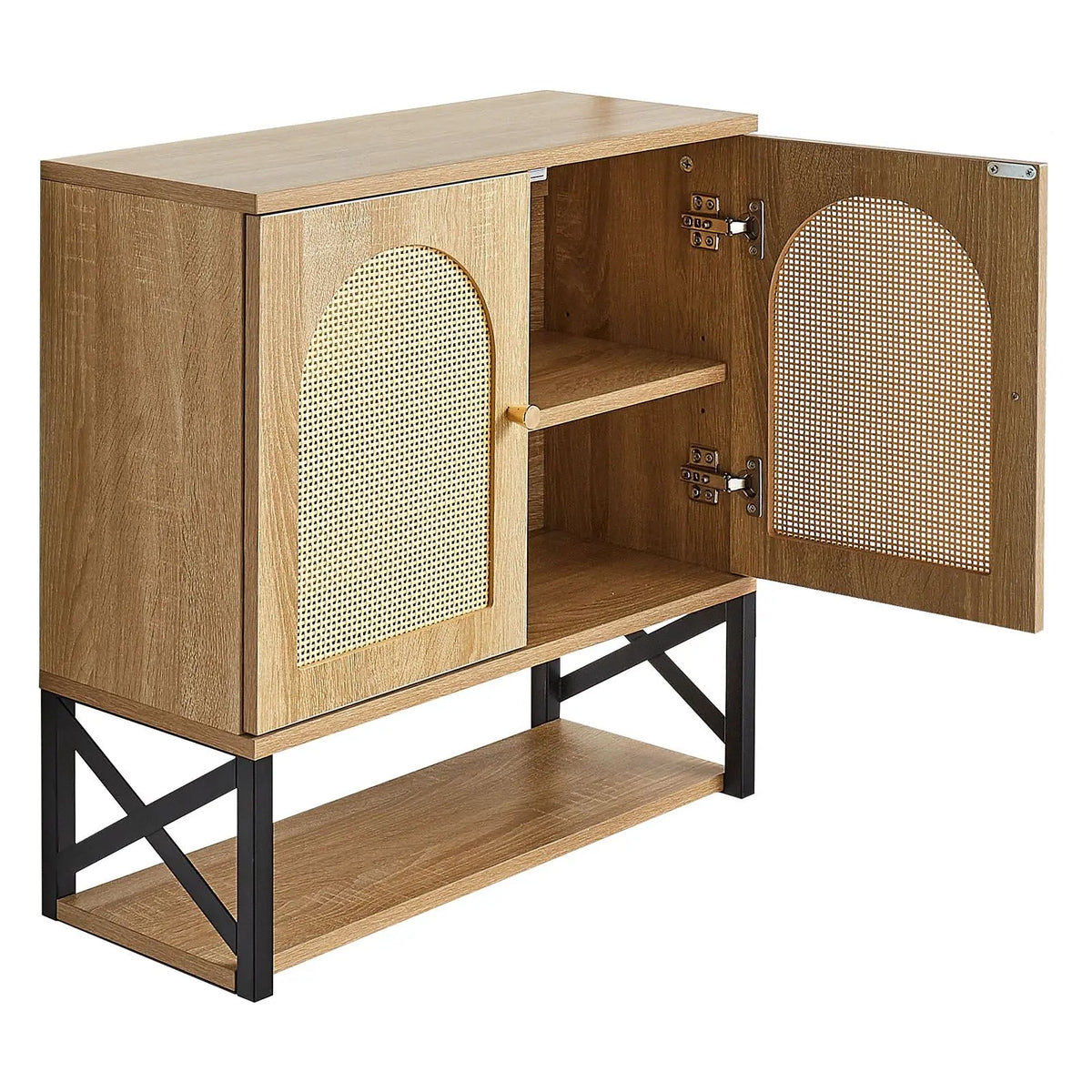 Wooden cabinet with open doors featuring wicker panels on a white background