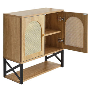 Wooden cabinet with open doors featuring wicker panels on a white background