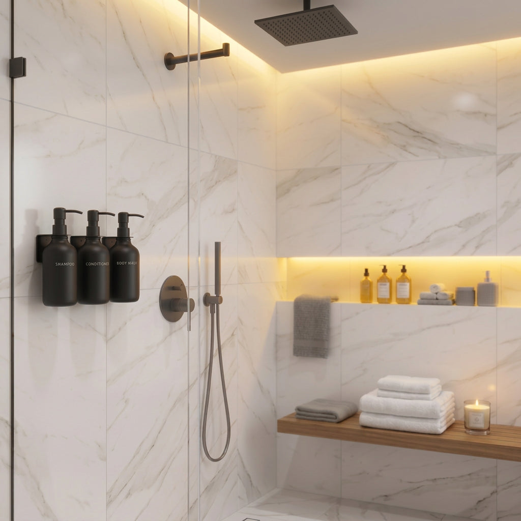 Black Wall-Mounted Shower Dispenser Set – 3 Refillable Bottles