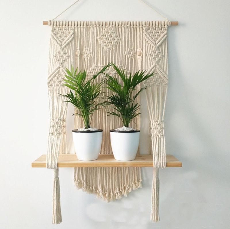Macrame Plant Hanger with Shelf Rope Planter Pot Basket Hanger – Blue