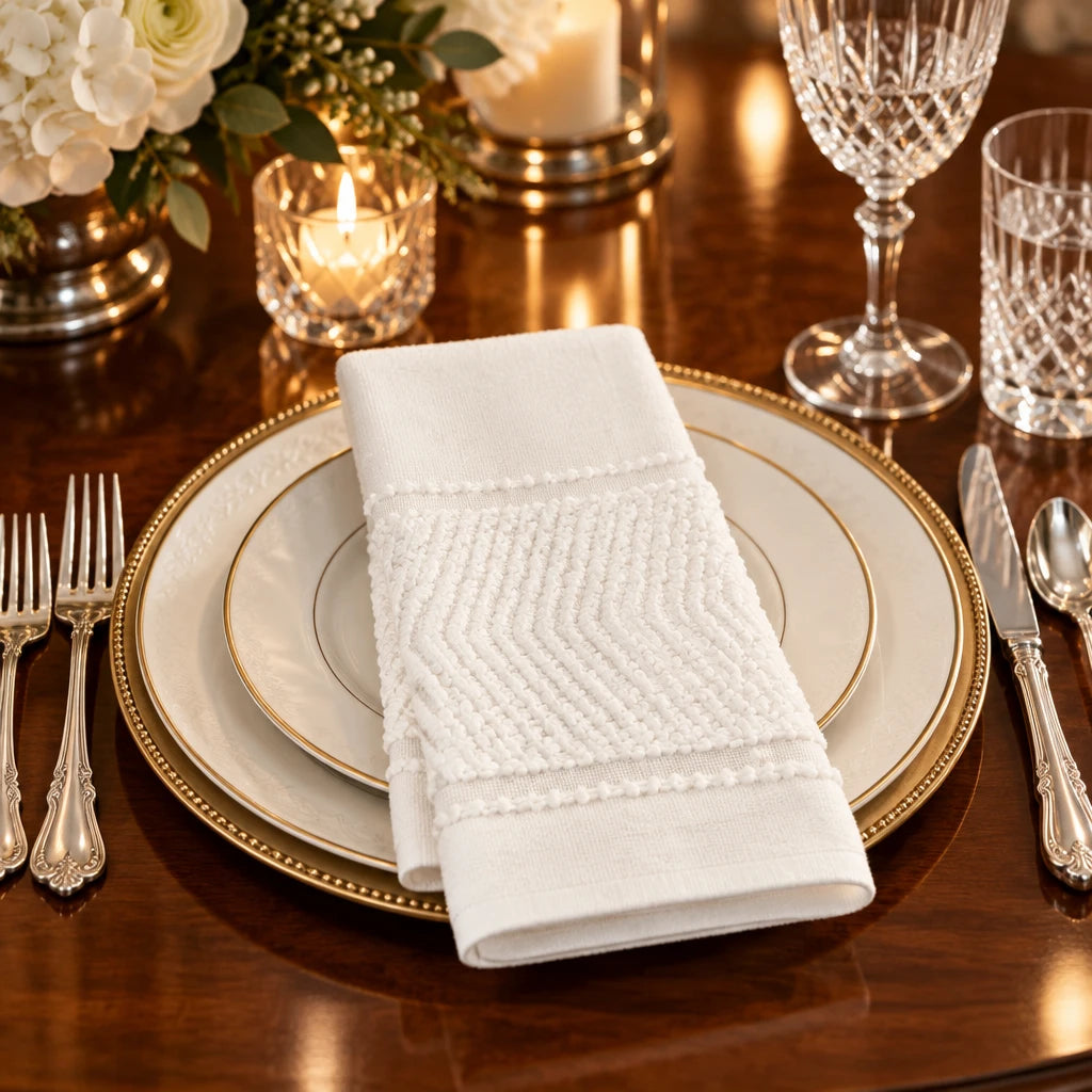 A folded white cotton hand towel with a textured chevron pattern and embroidered borders, shown on a plain white background.