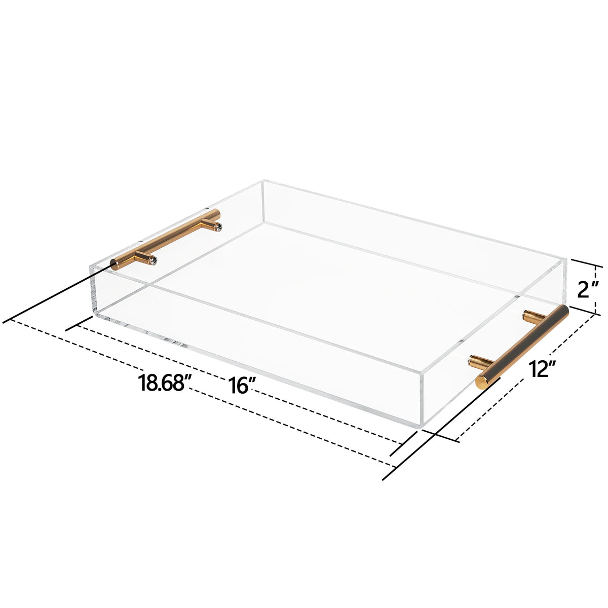 Clear acrylic serving tray with two brushed gold metal handles, shown with dimension lines and measurements of 18.68 inches by 16 inches by 12 inches on a white background.