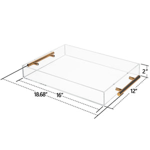 Clear acrylic serving tray with two brushed gold metal handles, shown with dimension lines and measurements of 18.68 inches by 16 inches by 12 inches on a white background.
