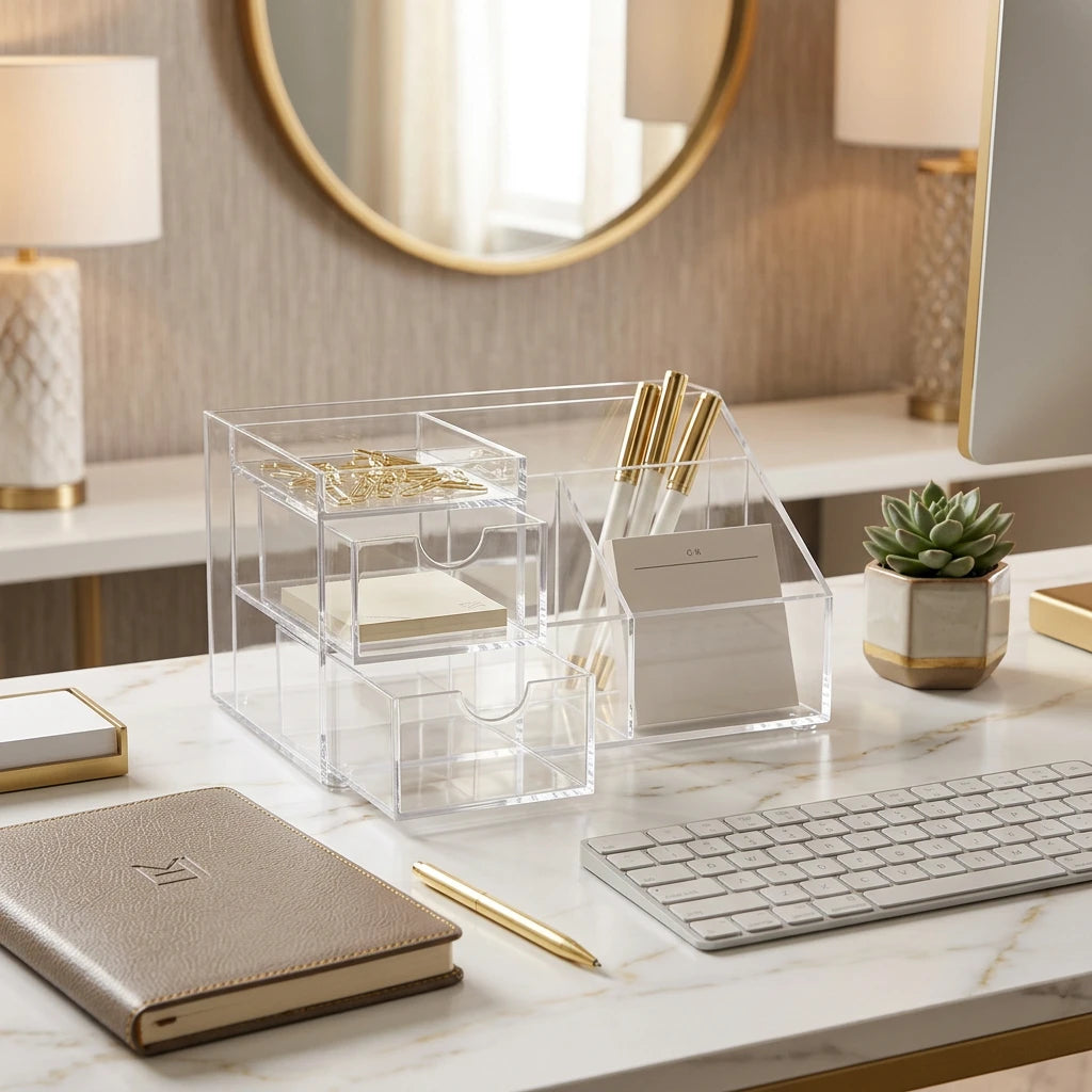 Clear acrylic drawer organizer with multiple nested and side-accessible drawers on a plain white background.