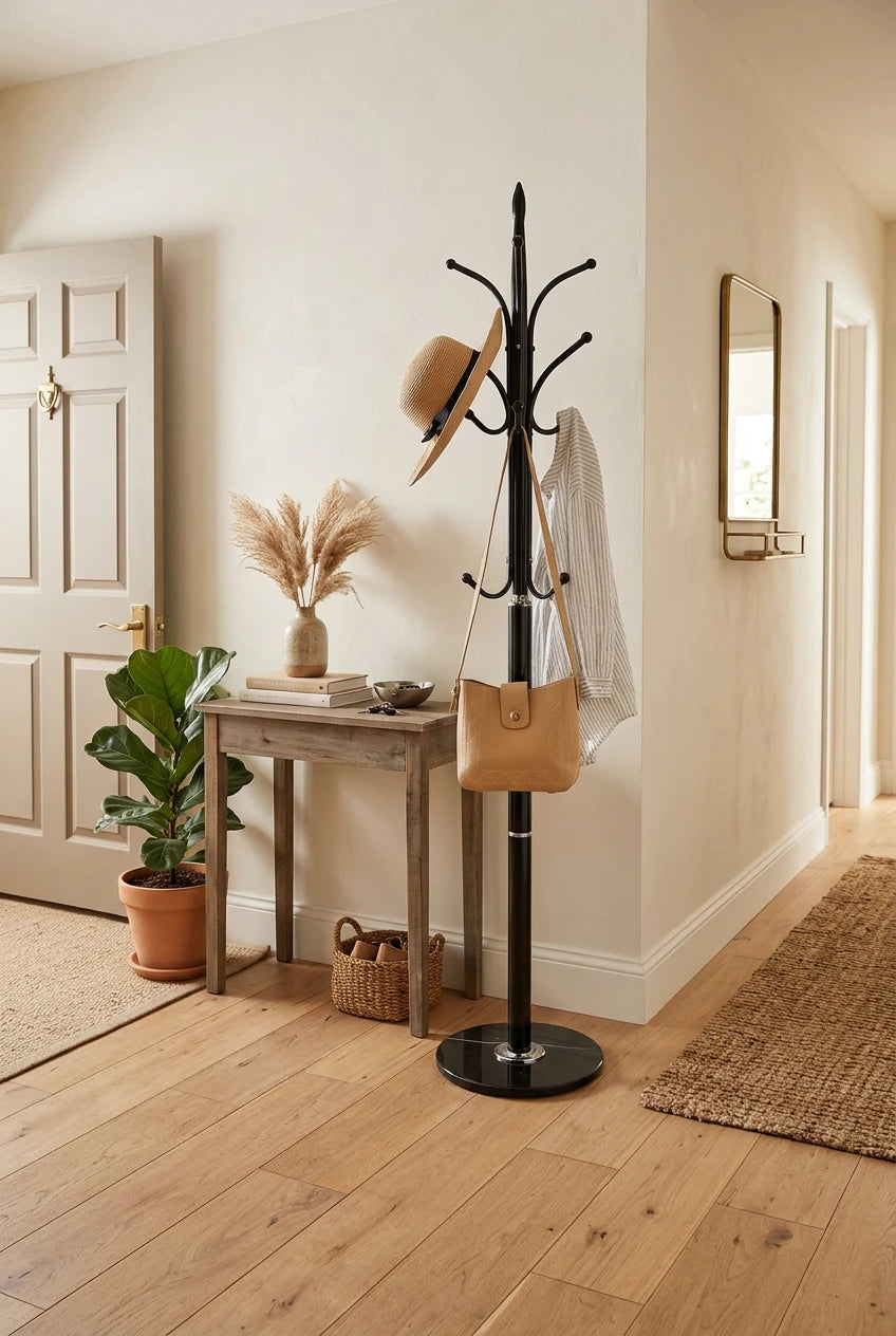 Black coat rack with a hat, bag, and umbrella on a white background