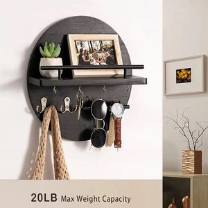 Round Wood Entryway Shelf with Key Hooks – Light Brown