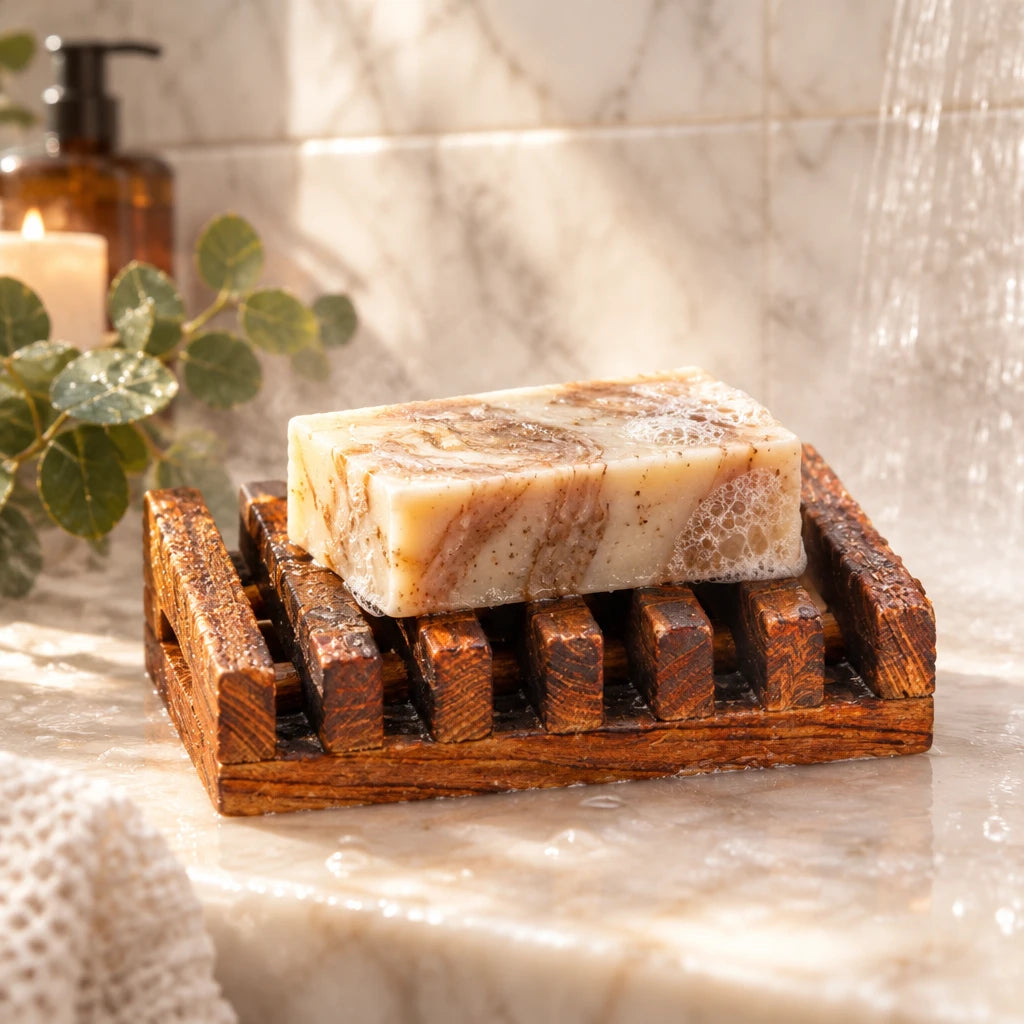 Dark Brown wooden soap holder with six vertical slats on a solid white background.